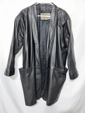 Women's Black Leather Open-Front Coat with Patch Pockets